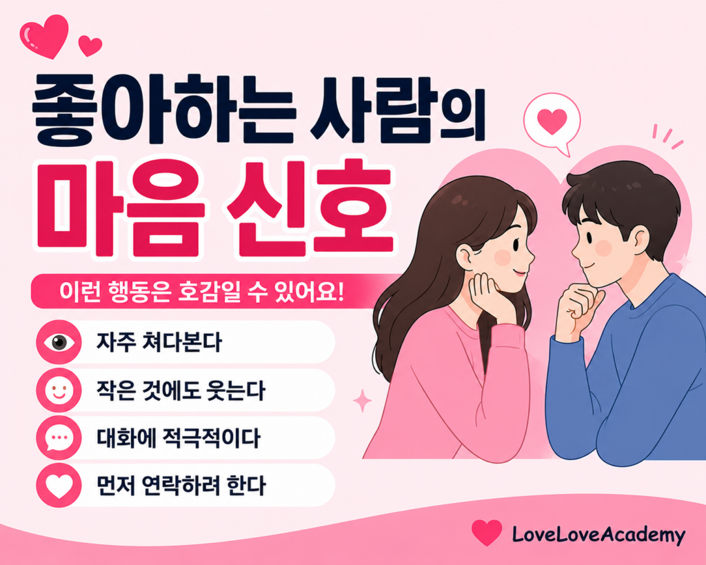 좋아하는 사람의 마음을 알 수 있는 대표적인 호감 신호를 쉽게 설명한 연애심리 인포그래픽