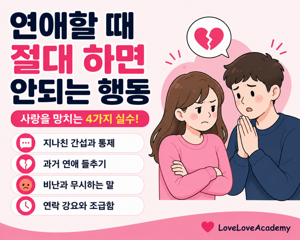 연애를 오래 이어가기 위해 피해야 할 행동 4가지를 쉽게 설명한 연애심리 인포그래픽