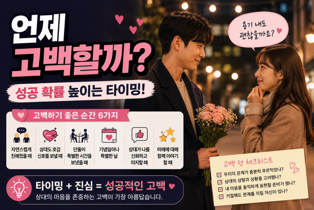 고백을 고민하는 남녀의 모습을 통해 적절한 고백 타이밍을 설명하는 연애심리 대표 이미지