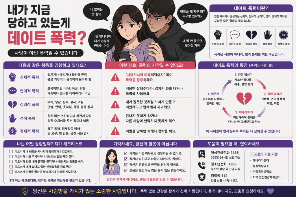 데이트 폭력의 위험 신호와 유형을 설명하는 연애심리 대표 이미지