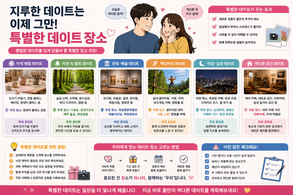 특별한 데이트 장소와 이색 데이트 코스를 소개하는 연애심리 대표 이미지