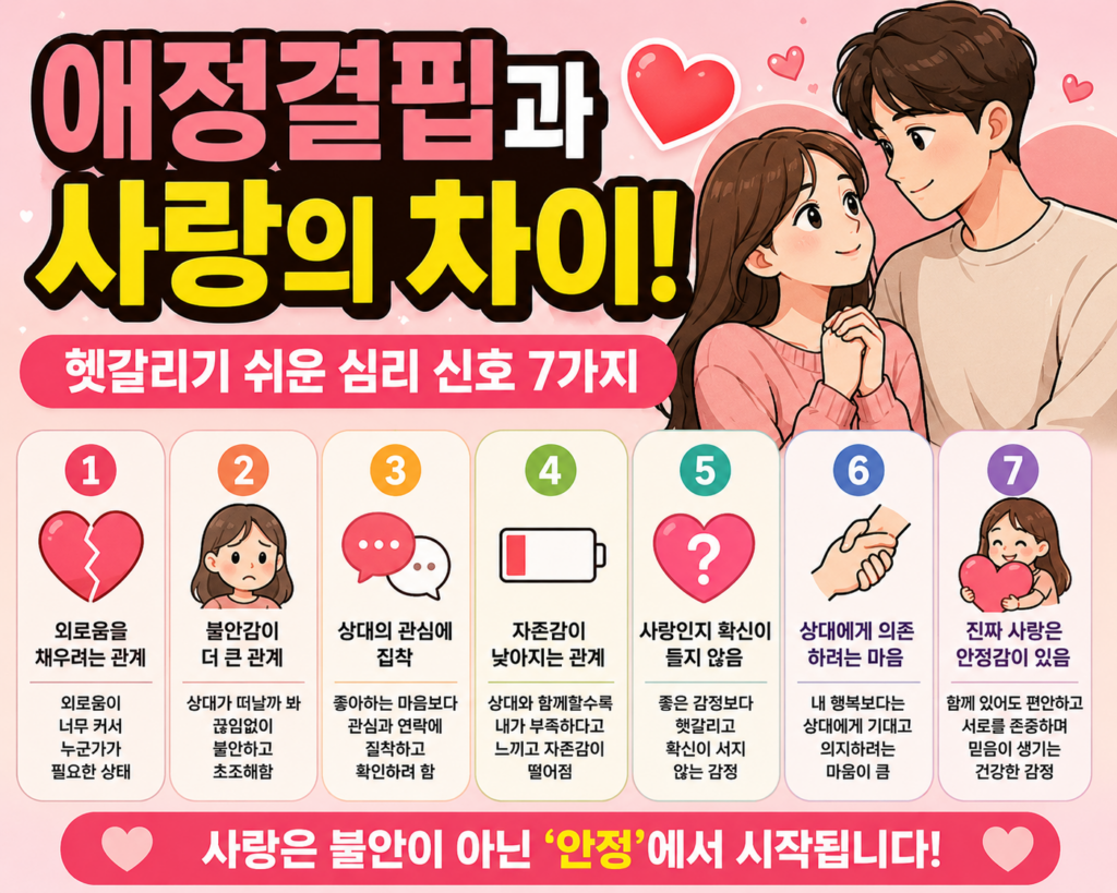 애정결핍과 사랑의 차이를 7가지 심리 신호로 비교하여 쉽게 이해할 수 있도록 정리한 연애심리 인포그래픽