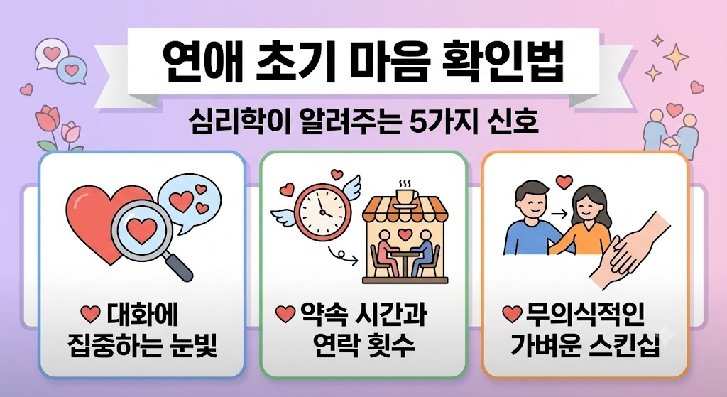 연애 초기 상대방의 진심을 확인할 수 있는 심리학적 신호 5가지를 시각화한 연애심리 인포그래픽 썸네일