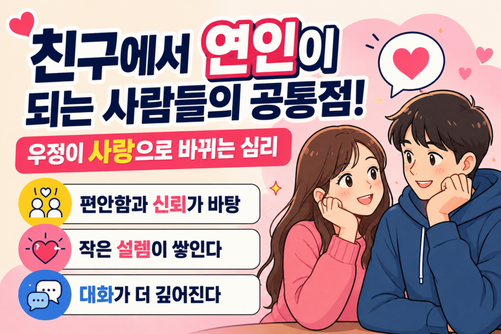 친구 사이에서 연인으로 발전하는 과정을 표현한 2D 일러스트. 서로를 바라보며 미소 짓는 남녀와 하트 아이콘을 배경으로 우정이 사랑으로 발전하는 심리적 특징을 소개하는 썸네일.