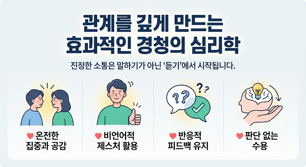 경청하는 사람의 모습과 심리적 유대감을 상징하는 일러스트, 효과적인 대화 기술을 위한 경청의 심리학 가이드
