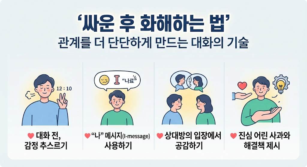 싸운 후 건강하게 화해하는 방법과 대화의 기술을 다룬 인포그래픽, 관계를 단단하게 만드는 갈등 해결 가이드