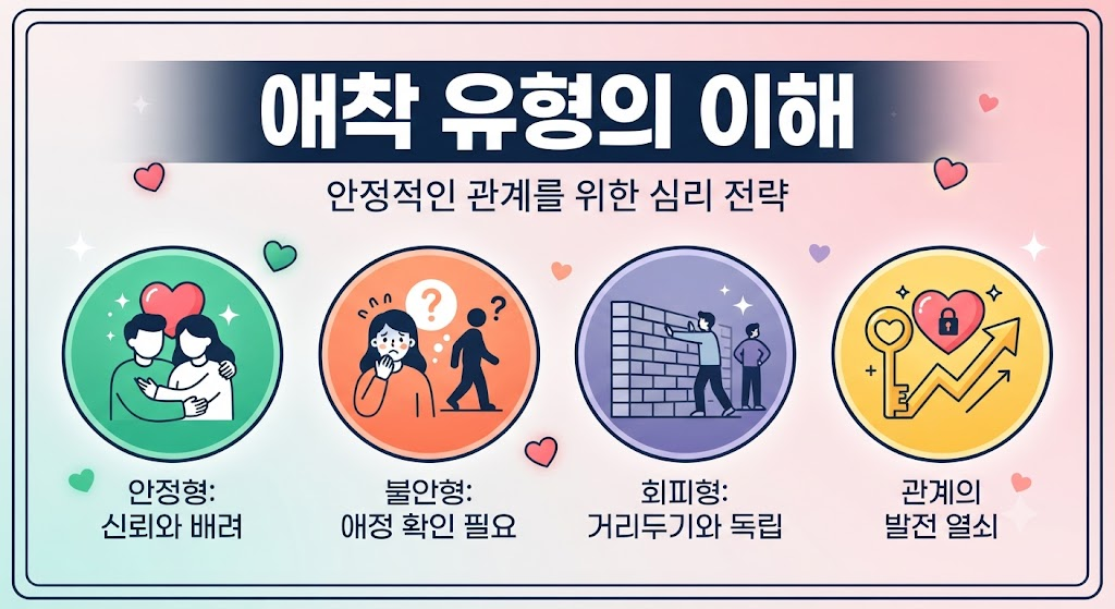 애착 유형의 이해와 안정적인 관계를 위한 심리 전략을 설명하는 인포그래픽