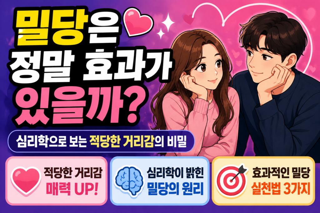 핑크와 보라 계열의 배경 위에 서로를 바라보는 남녀를 배치한 2D 일러스트. '밀당은 정말 효과가 있을까?'라는 제목과 적당한 거리감, 심리학 원리, 실천 방법을 핵심 포인트로 표현한 연애 심리 썸네일.
