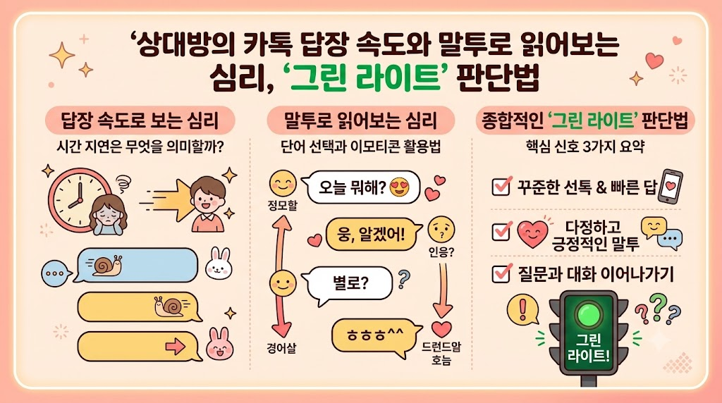 상대방의 카톡 답장 속도와 말투를 통해 호감도를 분석하는 심리 인포그래픽, 그린라이트 판단을 위한 시각 가이드