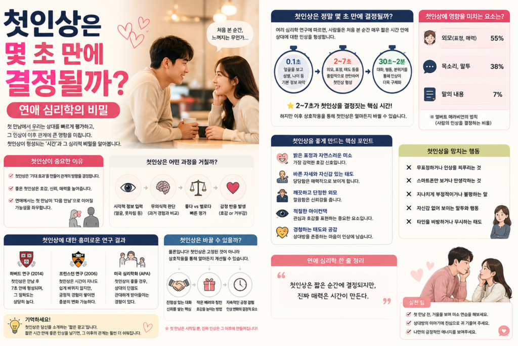 첫인상이 몇 초 만에 결정되는지와 연애 심리학에서 말하는 첫인상의 중요성을 설명하는 2D 일러스트 썸네일.