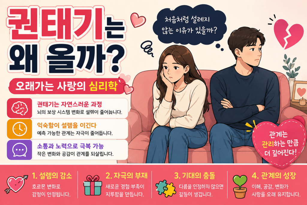 권태기가 생기는 심리학적 이유와 극복 방법을 설명하는 2D 일러스트 연애 심리 썸네일.
