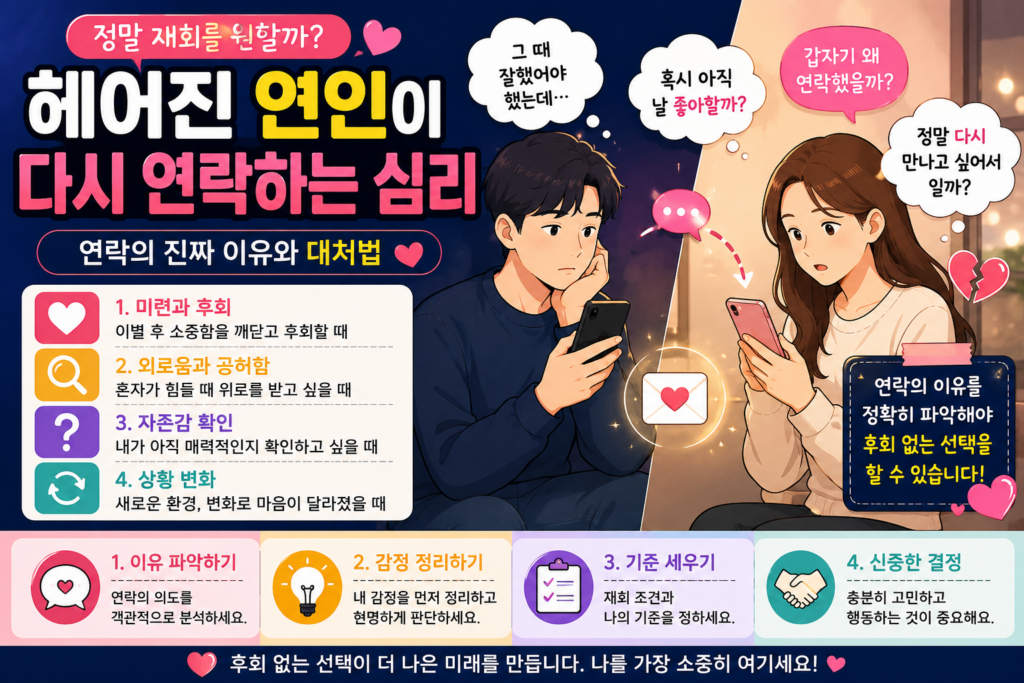 헤어진 연인이 다시 연락하는 이유와 재회를 원하는 심리를 설명하는 2D 일러스트 연애 심리 썸네일.