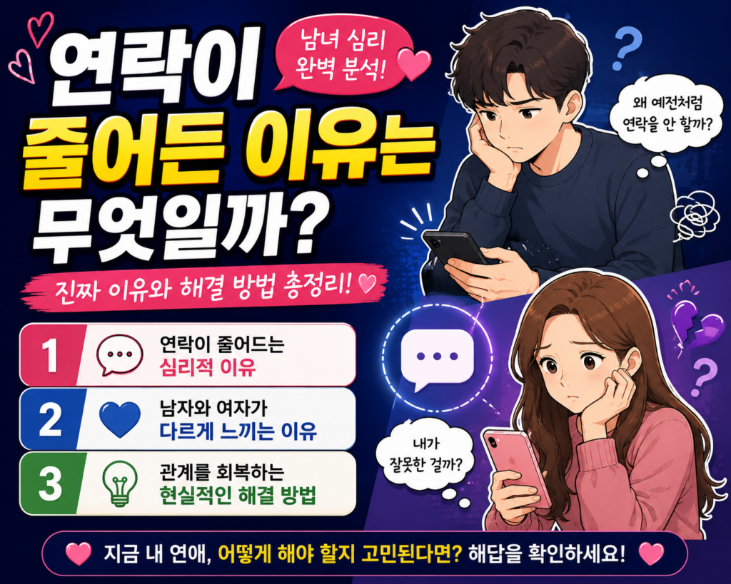 연락이 줄어든 이유와 남녀 심리를 설명하는 2D 일러스트 연애 심리 썸네일.