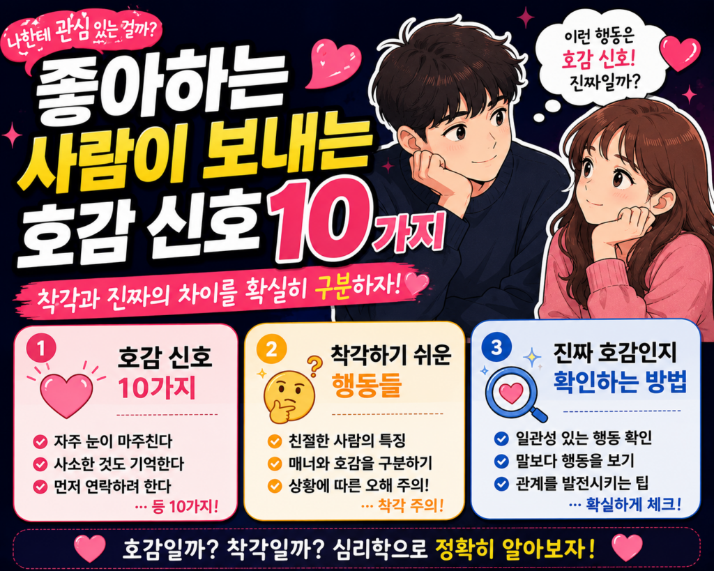좋아하는 사람이 보내는 호감 신호와 착각하기 쉬운 행동을 비교하는 2D 일러스트 연애 심리 썸네일.
