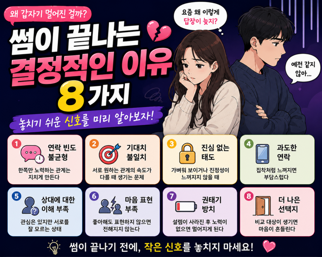 썸이 끝나는 이유와 놓치기 쉬운 신호를 설명하는 연애 심리 2D 일러스트 썸네일.