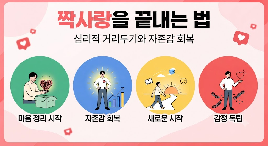 복잡한 마음을 상자에 담아 정리하고, 스스로 빛나는 자존감을 되찾아 새로운 시작과 감정적 독립을 이루는 과정을 그린 인포그래픽