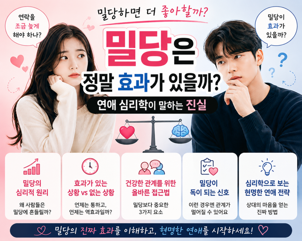 밀당의 효과와 심리학적 원리를 설명하는 연애 심리 2D 일러스트 썸네일.