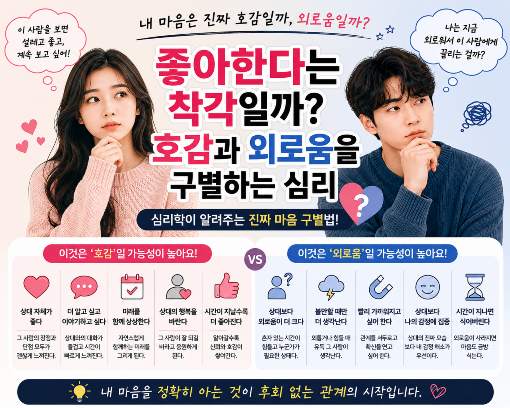 호감과 외로움의 차이를 심리학적으로 설명하는 연애 심리 2D 일러스트 썸네일.