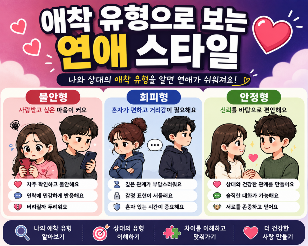 불안형, 회피형, 안정형 애착 유형을 비교하여 연애 스타일을 설명하는 2D 일러스트 심리학 썸네일.