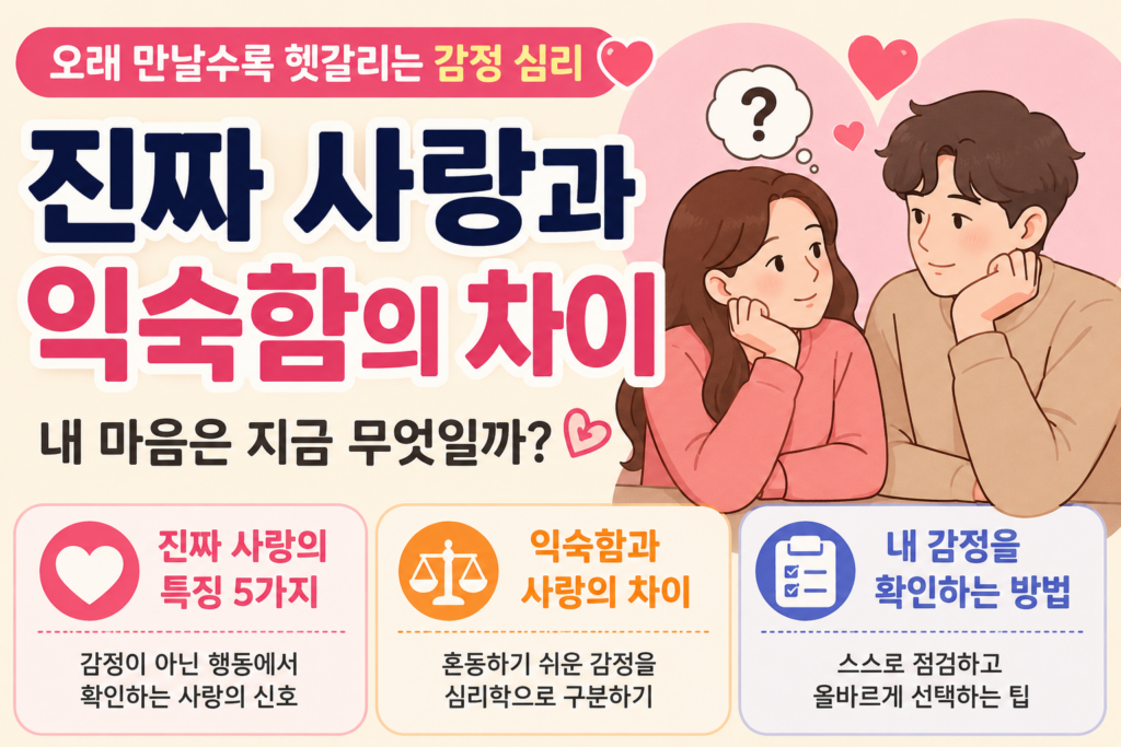 진짜 사랑과 익숙함의 차이를 비교하며 오래된 연애에서 헷갈리는 감정을 설명하는 연애심리 일러스트