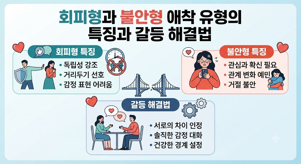 서로 다른 애착 유형인 회피형과 불안형의 특징을 대조하며, 이들 사이의 갈등을 이해하고 해결하기 위한 대화와 소통의 과정을 담은 인포그래픽