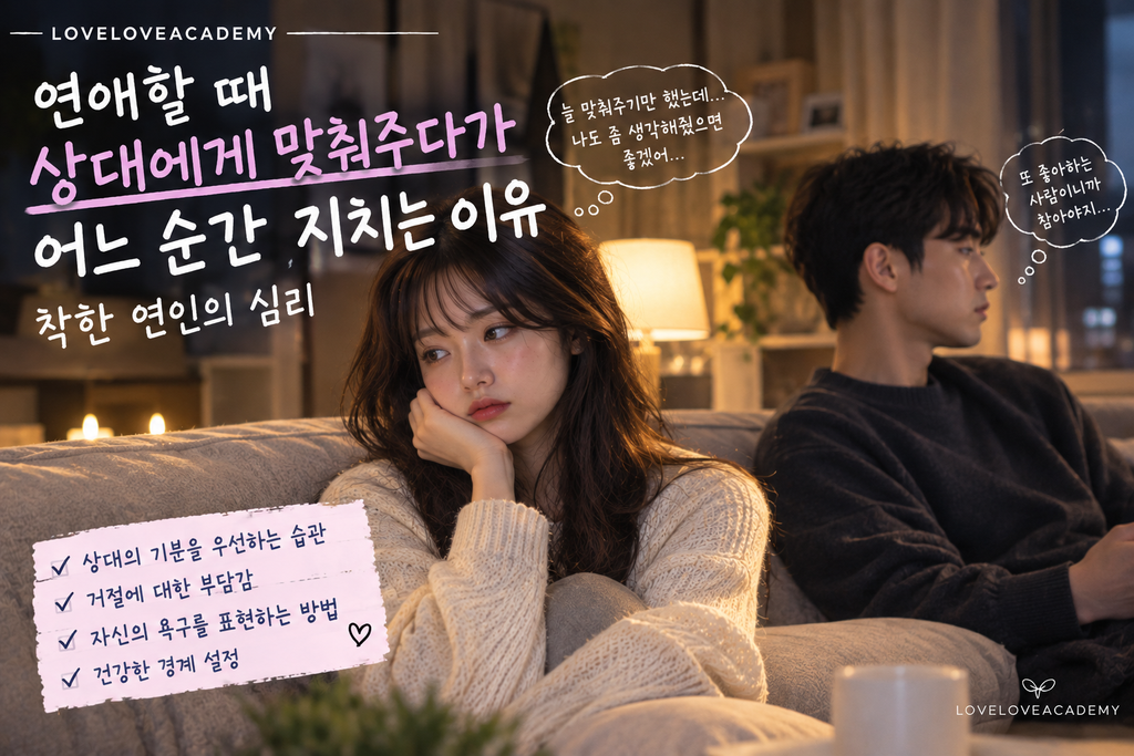 연애할 때 상대에게 맞춰주다가 지치는 이유와 자신의 감정을 표현하기 어려운 착한 연인의 심리를 보여주는 이미지