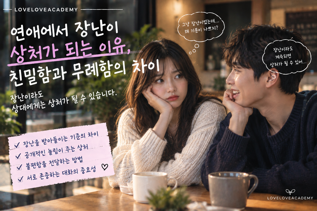 연애에서 장난이 상처가 되는 이유와 친밀함과 무례함의 차이를 보여주는 카페 속 연인 이미지
